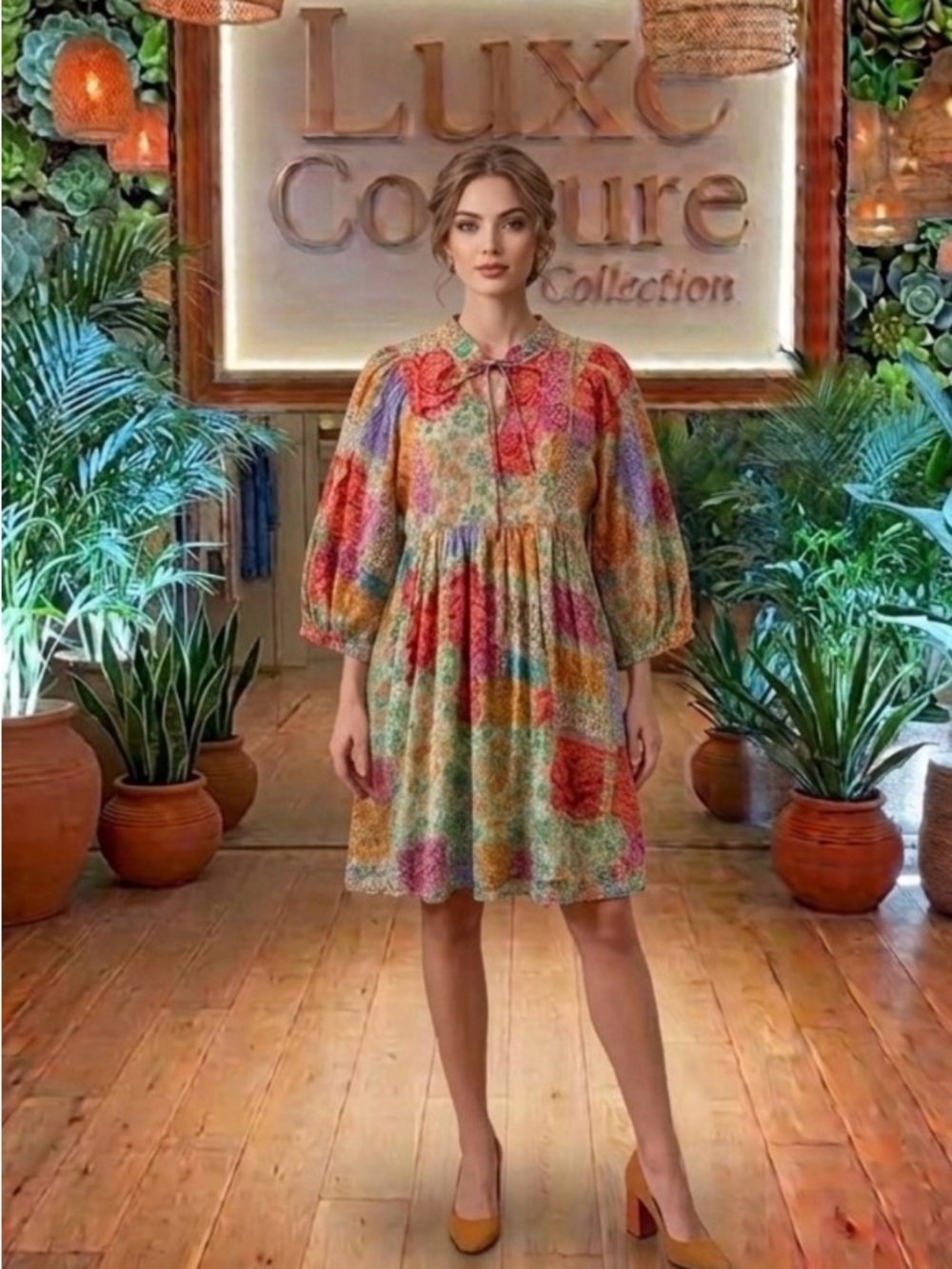 Jodifil Patchwork Balloon Sleeve Bohemian Dream Dress